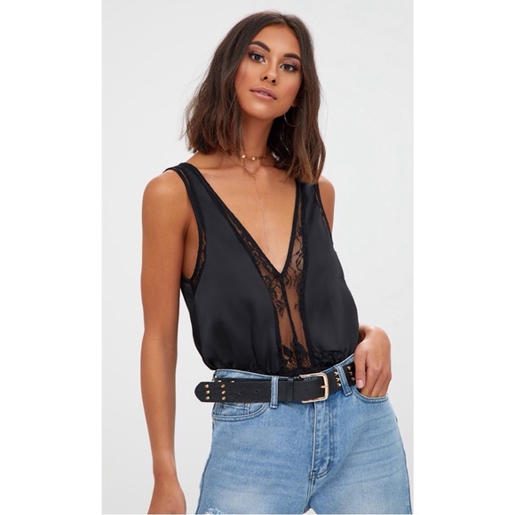 NWT Pretty Little Things Black Lace Insert Plunge Thong Bodysuit, 0 - Picture 2 of 11